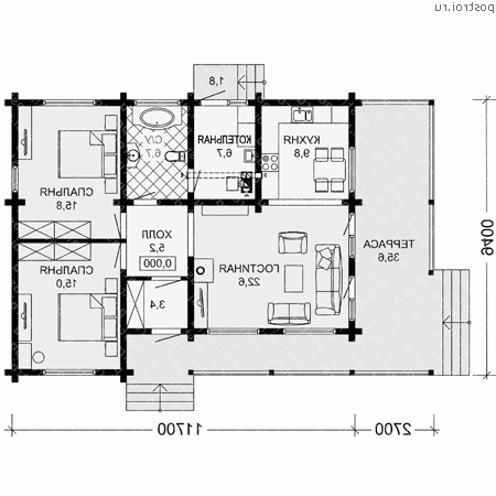 G-098-2D проект одноэтажного деревянного коттеджа из бруса размером 9 на 12 - 1-й этаж G-098-2D проект одноэтажного деревянного коттеджа из бруса размером 9 на 12 - 1-й этаж