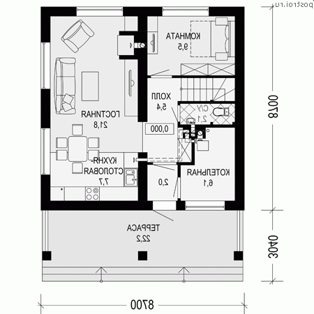 G-113-1P проект двухэтажного коттеджа из пенобетона размером 9 на 12 - 1-й этаж