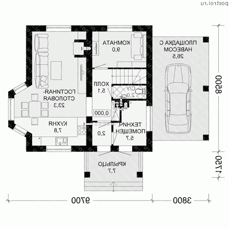 G-116-1P проект одноэтажного коттеджа из пенобетона с мансардой и гаражом размером 10 на 9 - 1-й этаж