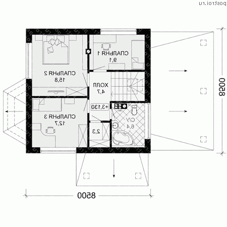G-116-1P проект одноэтажного коттеджа из пенобетона с мансардой и гаражом размером 10 на 9 - мансарда
