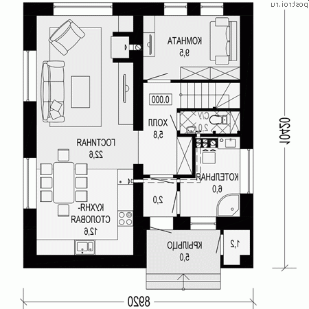 G-125-1P проект двухэтажного коттеджа из газобетона размером 9 на 10 - 1-й этаж