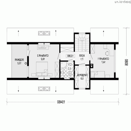 G-141-1S проект одноэтажного каркасного дома с мансардой размером 15 на 9 - мансарда