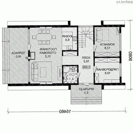 G-144-1S проект одноэтажного каркасного дома с мансардой размером 15 на 9 - 1-й этаж