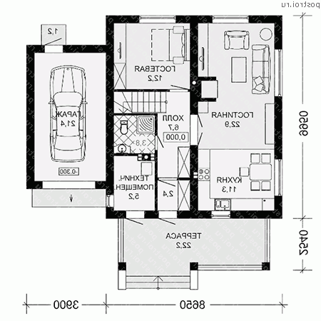 G-152-2P проект одноэтажного коттеджа из пеноблоков с мансардой и гаражом размером 12 на 13 - 1-й этаж G-152-2P проект одноэтажного коттеджа из пеноблоков с мансардой и гаражом размером 12 на 13 - 1-й этаж