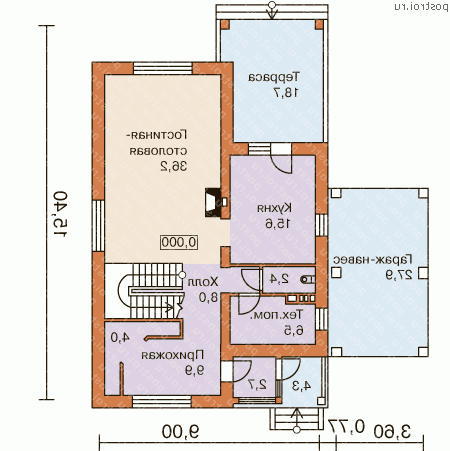 G-172-2P проект двухэтажного дома из пеноблоков с гаражом размером 15 на 9  - 1-й этаж