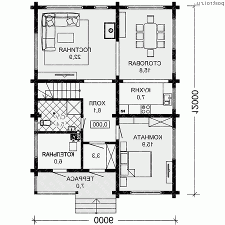 G-176-1D проект одноэтажного деревянного дома из бруса с мансардой размером 9 на 12  - 1-й этаж