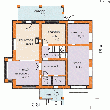 G-176-1P проект одноэтажного дома из пеноблоков с мансардой и гаражом размером 15 на 13  - 1-й этаж