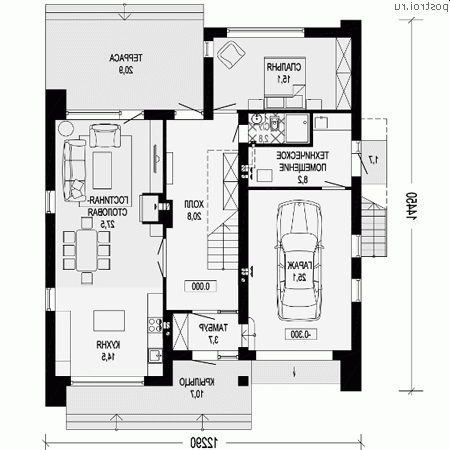 G-189-1M проект двухэтажного монолитного дома с гаражом размером 12 на 14 - 1-й этаж G-189-1M проект двухэтажного монолитного дома с гаражом размером 12 на 14 - 1-й этаж