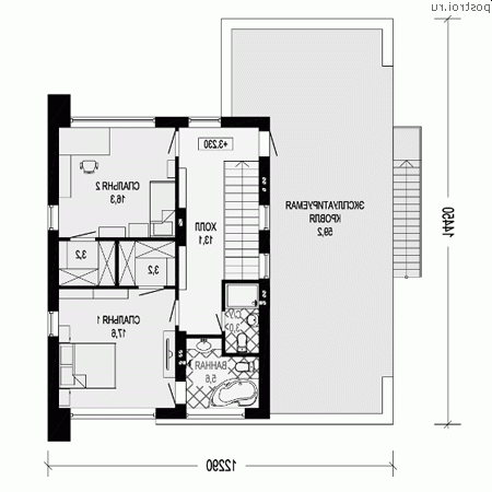 G-189-1M проект двухэтажного монолитного дома с гаражом размером 12 на 14 - 2-й этаж G-189-1M проект двухэтажного монолитного дома с гаражом размером 12 на 14 - 2-й этаж