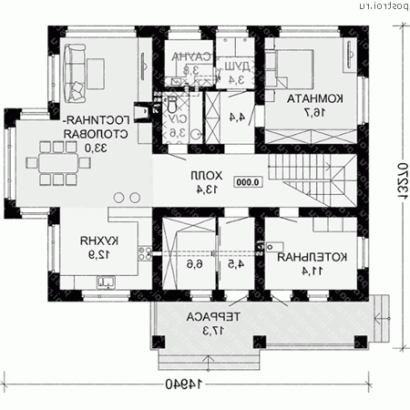G-208-1P проект одноэтажного дома из пенобетона с мансардой размером 13 на 15  - 1-й этаж