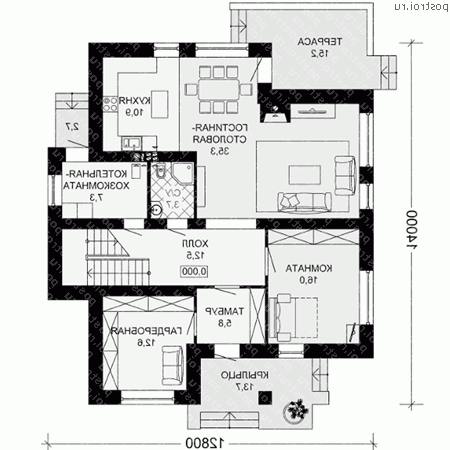 G-221-2P проект двухэтажного дома из пенобетона размером 14 на 13  - 1-й этаж