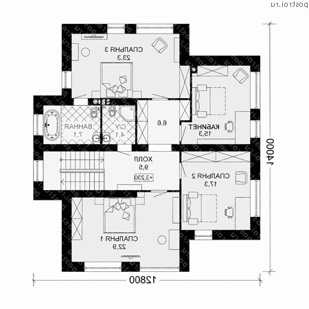 G-221-2P проект двухэтажного дома из пенобетона размером 14 на 13  - 2-й этаж