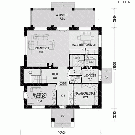 G-249-1K проект двухэтажного дома из кирпича размером 13 на 13 - 1-й этаж G-249-1K проект двухэтажного дома из кирпича размером 13 на 13 - 1-й этаж