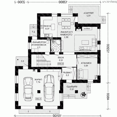 G-253-2P проект двухэтажного коттеджа из пеноблоков с гаражом размером 17 на 15 - 1-й этаж