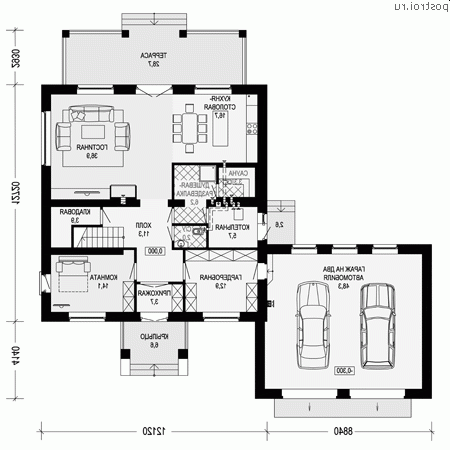 G-303-1P проект двухэтажного коттеджа из пенобетона с гаражом размером 21 на 17 - 1-й этаж
