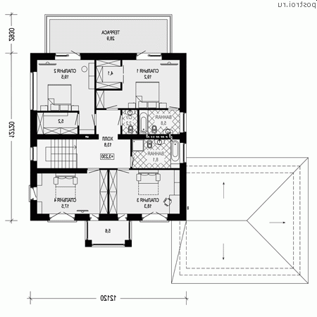 G-303-1P проект двухэтажного коттеджа из пенобетона с гаражом размером 21 на 17 - 2-й этаж