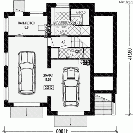 G-306-2P проект двухэтажного коттеджа из пенобетона с цоколем и гаражом размером 12 на 12  - цоколь