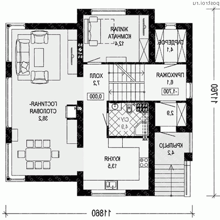 G-306-2P проект двухэтажного коттеджа из пенобетона с цоколем и гаражом размером 12 на 12  - 1-й этаж