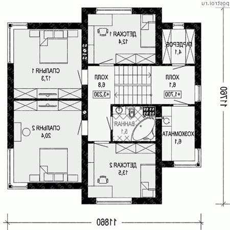 G-306-2P проект двухэтажного коттеджа из пенобетона с цоколем и гаражом размером 12 на 12  - 2-й этаж