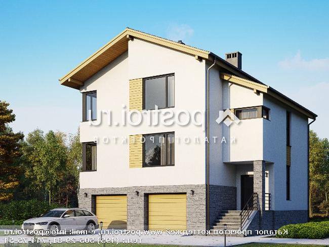 G-306-2P проект двухэтажного коттеджа из пенобетона с цоколем и гаражом размером 12 на 12 