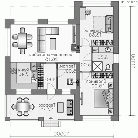 H-090-1P проект одноэтажного дома из пеноблока размером 11 на 11 - 1-й этаж H-090-1P проект одноэтажного дома из пеноблока размером 11 на 11 - 1-й этаж