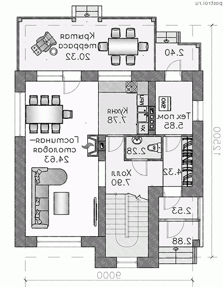 H-123-1K проект двухэтажного дома из кирпича размером 13 на 9  - 1-й этаж