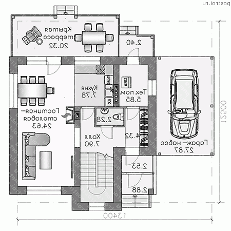 H-123-2K проект двухэтажного дома из кирпича с гаражом размером 13 на 13  - 1-й этаж