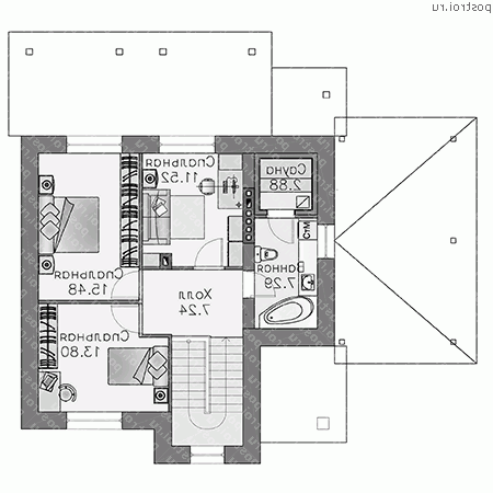 H-123-2K проект двухэтажного дома из кирпича с гаражом размером 13 на 13  - 2-й этаж