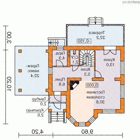 H-131-2P проект двухэтажного дома из пенобетона с цоколем и гаражом размером 10 на 10 - 1-й этаж H-131-2P проект двухэтажного дома из пенобетона с цоколем и гаражом размером 10 на 10 - 1-й этаж