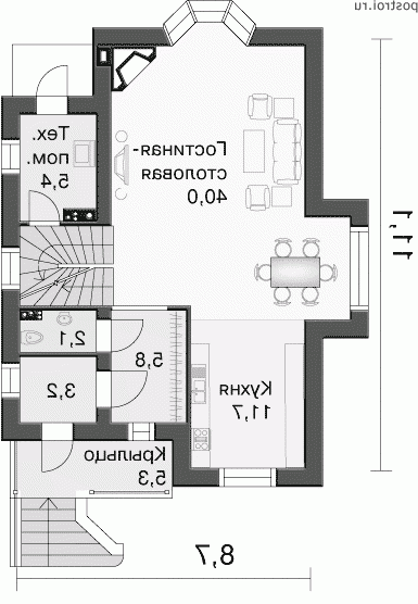 H-137-1P проект двухэтажного дома из газобетона размером 11 на 9 - 1-й этаж