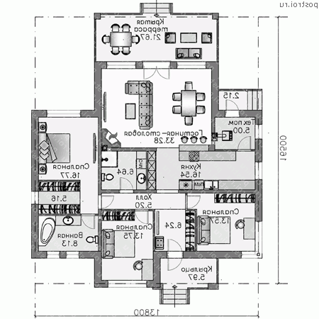 H-145-1P проект одноэтажного дома из газобетона размером 17 на 14  - 1-й этаж