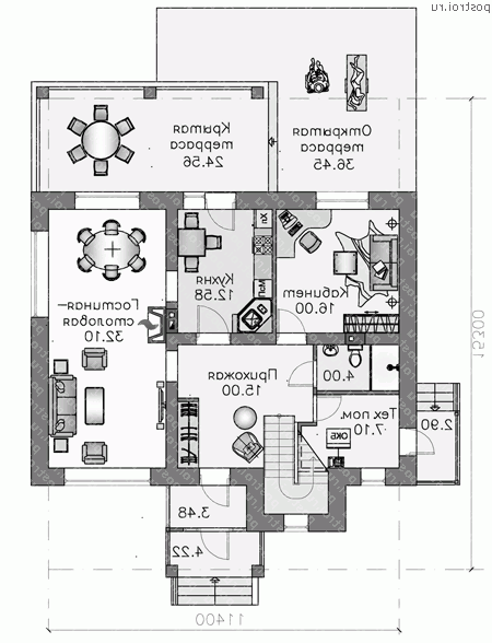 H-180-1P проект одноэтажного дома из пеноблоков с мансардой размером 15 на 11 - 1-й этаж H-180-1P проект одноэтажного дома из пеноблоков с мансардой размером 15 на 11 - 1-й этаж
