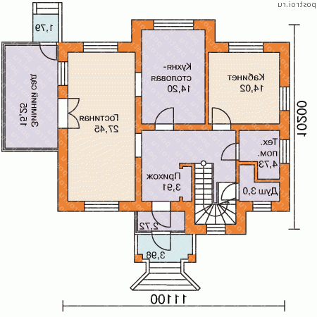 H-181-1P проект двухэтажного дома из пеноблоков с мансардой размером 10 на 11 - 1-й этаж