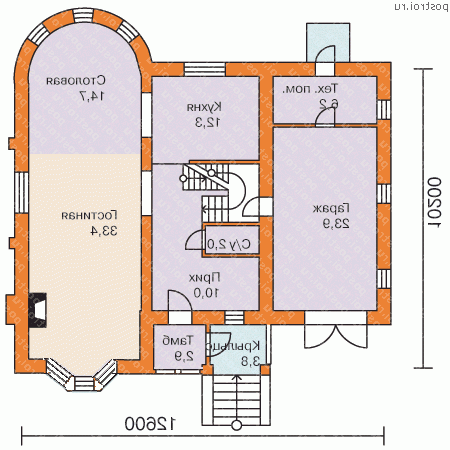 H-253-1P проект двухэтажного коттеджа из пеноблоков с цоколем и гаражом размером 10 на 13  - 1-й этаж