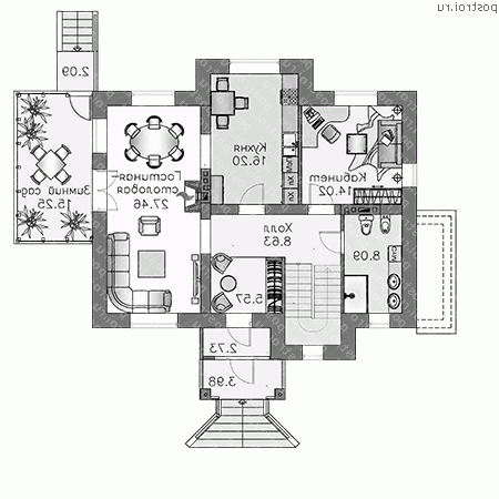 H-259-1P проект двухэтажного коттеджа из пеноблоков с цоколем размером 10 на 14  - 1-й этаж