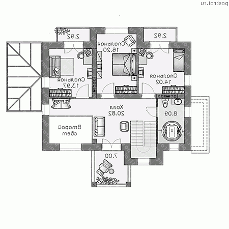 H-259-1P проект двухэтажного коттеджа из пеноблоков с цоколем размером 10 на 14  - 2-й этаж