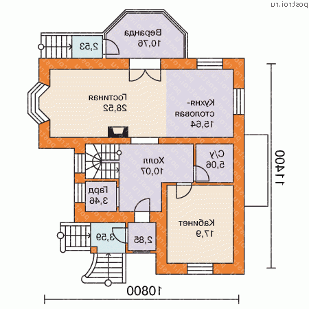 H-270-1P проект двухэтажного дома из пеноблоков с цоколем размером 11 на 11 - 1-й этаж H-270-1P проект двухэтажного дома из пеноблоков с цоколем размером 11 на 11 - 1-й этаж