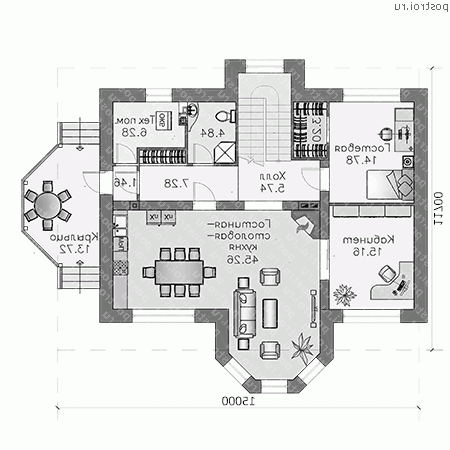 H-275-1P проект двухэтажного дома из пеноблоков с мансардой размером 12 на 15  - 1-й этаж
