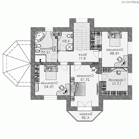 H-275-1P проект двухэтажного дома из пеноблоков с мансардой размером 12 на 15  - 2-й этаж