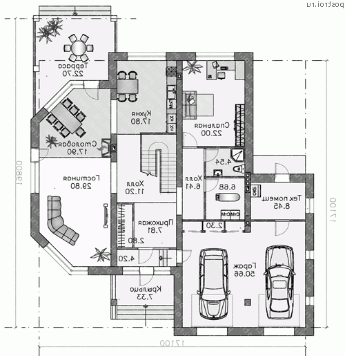 H-306-1K проект двухэтажного коттеджа из кирпича с гаражом размером 17 на 17 - 1-й этаж H-306-1K проект двухэтажного коттеджа из кирпича с гаражом размером 17 на 17 - 1-й этаж