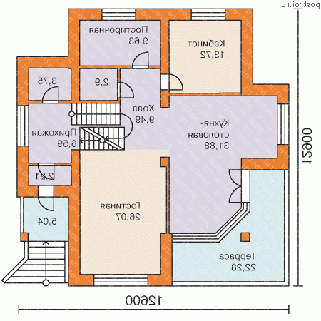 H-326-1P проект двухэтажного дома из пенобетона с цоколем и гаражом размером 13 на 13 - 1-й этаж