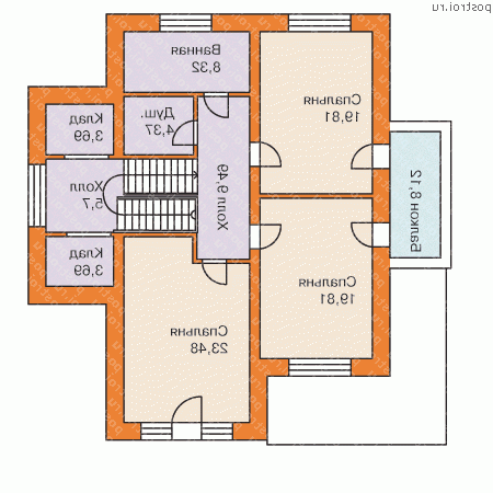 H-326-1P проект двухэтажного дома из пенобетона с цоколем и гаражом размером 13 на 13 - 2-й этаж