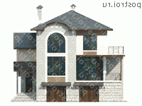 H-326-1P проект двухэтажного дома из пенобетона с цоколем и гаражом размером 13 на 13 - вид спереди