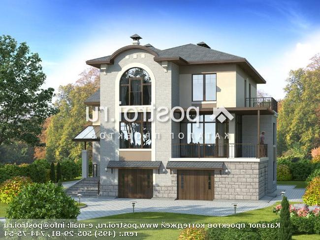 H-326-1P проект двухэтажного дома из пенобетона с цоколем и гаражом размером 13 на 13