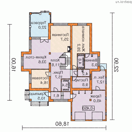 H-393-1P проект двухэтажного дома из газобетона с гаражом размером 23 на 19  - 1-й этаж