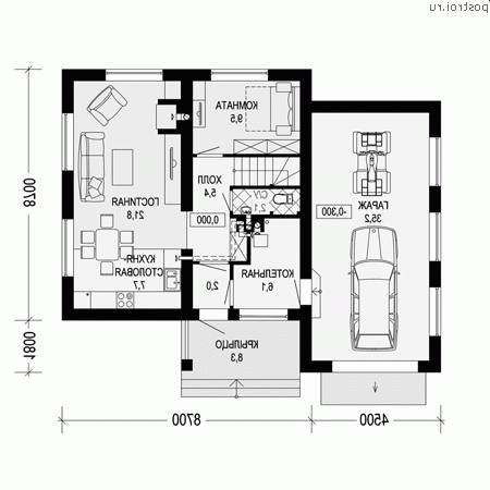 I-144-1P проект двухэтажного дома из газобетона с гаражом размером 13 на 11 - 1-й этаж I-144-1P проект двухэтажного дома из газобетона с гаражом размером 13 на 11 - 1-й этаж