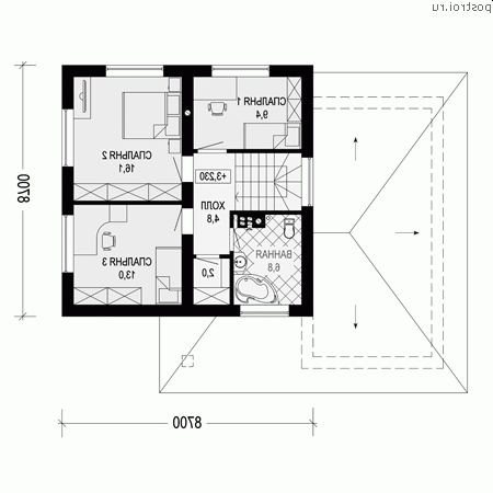 I-144-1P проект двухэтажного дома из газобетона с гаражом размером 13 на 11 - 2-й этаж I-144-1P проект двухэтажного дома из газобетона с гаражом размером 13 на 11 - 2-й этаж