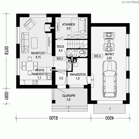 I-144-2P проект двухэтажного дома из газобетона с гаражом размером 13 на 11 - 1-й этаж I-144-2P проект двухэтажного дома из газобетона с гаражом размером 13 на 11 - 1-й этаж
