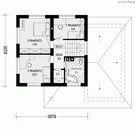 I-144-2P проект двухэтажного дома из газобетона с гаражом размером 13 на 11 - 2-й этаж I-144-2P проект двухэтажного дома из газобетона с гаражом размером 13 на 11 - 2-й этаж