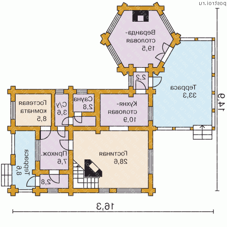 I-153-1D проект одноэтажного деревянного коттеджа из бревна с мансардой размером 8 на 11  - 1-й этаж
